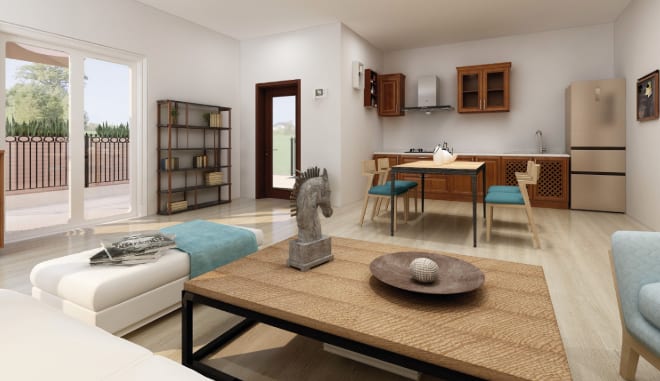 Rendering di un appartamento di Villa Benedetta: soggiorno aperto sulla cucina e sulla porta finestra.