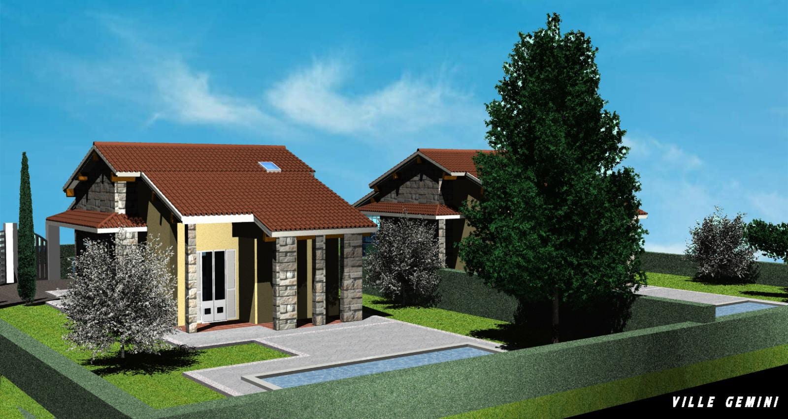 Rendering di Ville Gemini dal lato giardino, con il porticato e la piscina fra le due unità.