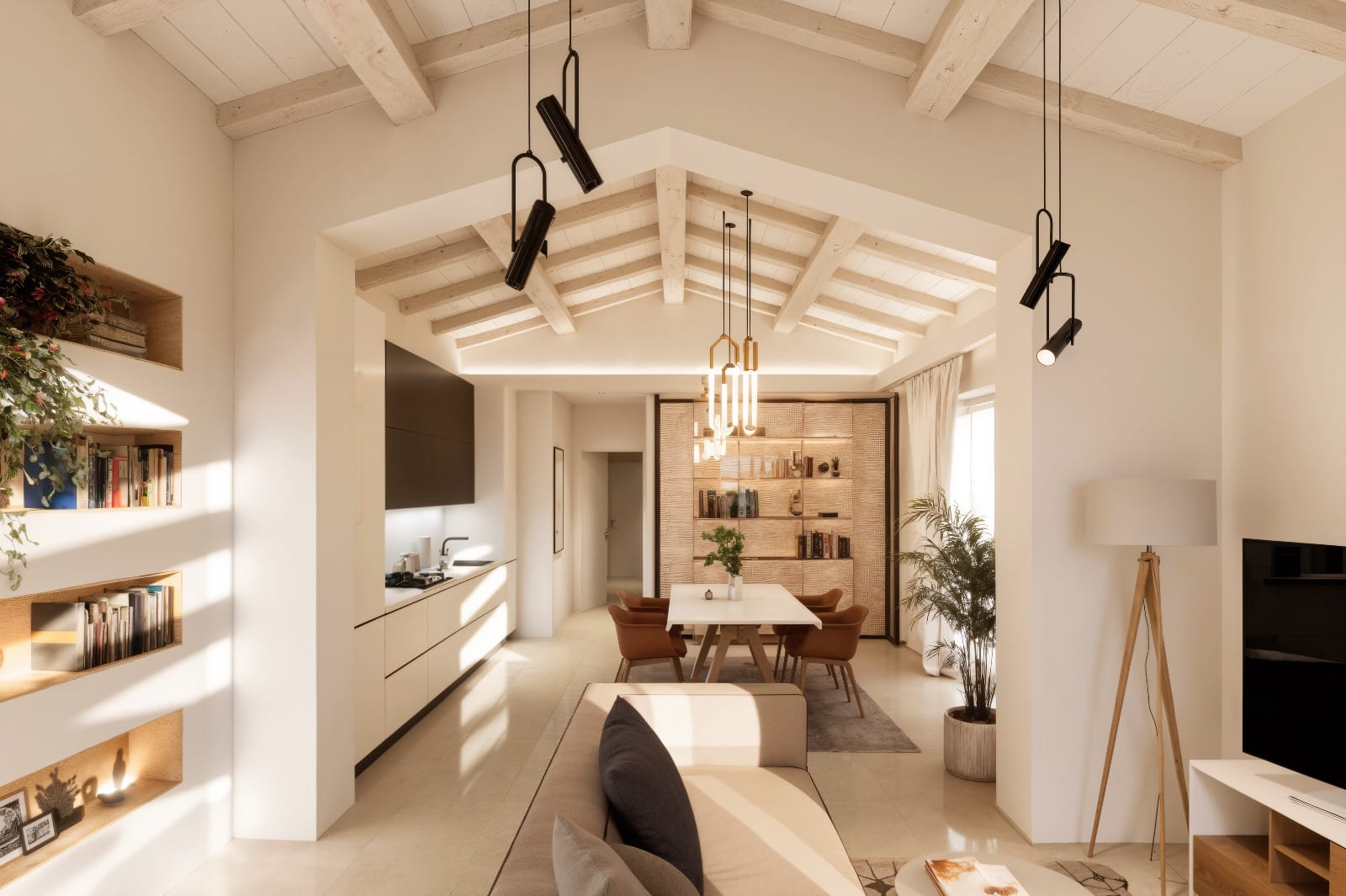 Rendering della zona pranzo di Ville Glicine, aperta sulla cucina lineare e sulla libreria.