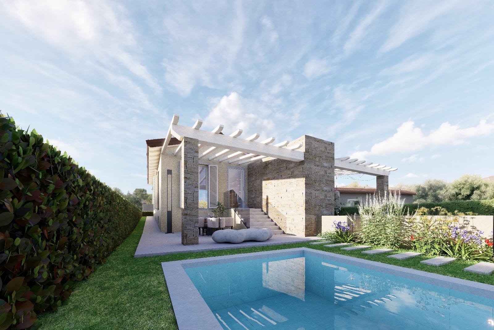 Rendering di Ville Glicine: il fronte in pietra con la pergola e la piscina nel giardino.
