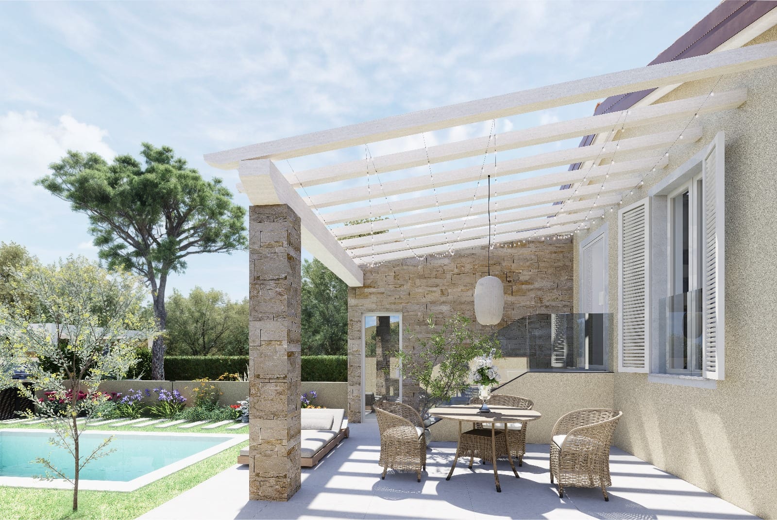 Rendering del portico di Ville Glicine: travi chiare, pilastro in pietra e la piscina sullo sfondo.